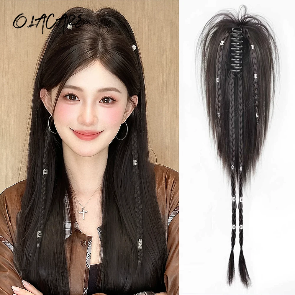 

20Inch Synthetic Claw Clip Ponytail Hair Extensions Straight Ponytail Metal Braids Brown Heat Resistant Pony Tail Fake Hair