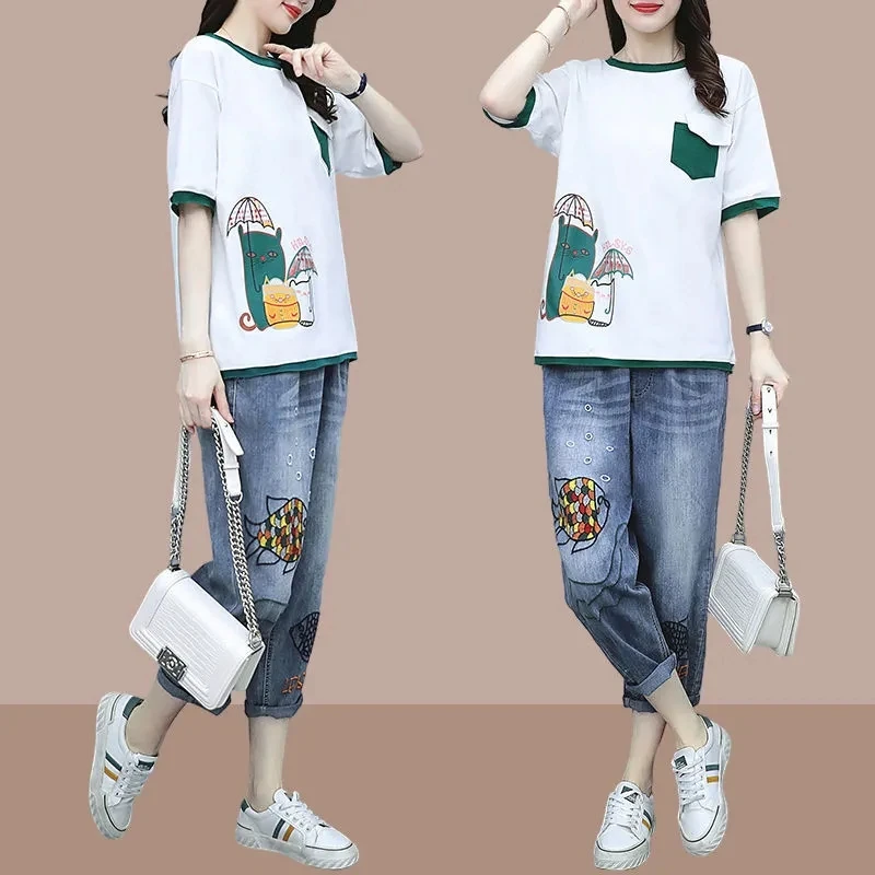 Jeans Suit Women's Pants Two Piece Set Spring Summer Female Short-sleeved T-shirt+Elastic Waist Jeans Outfit Lady Loose 4XL 2PCS