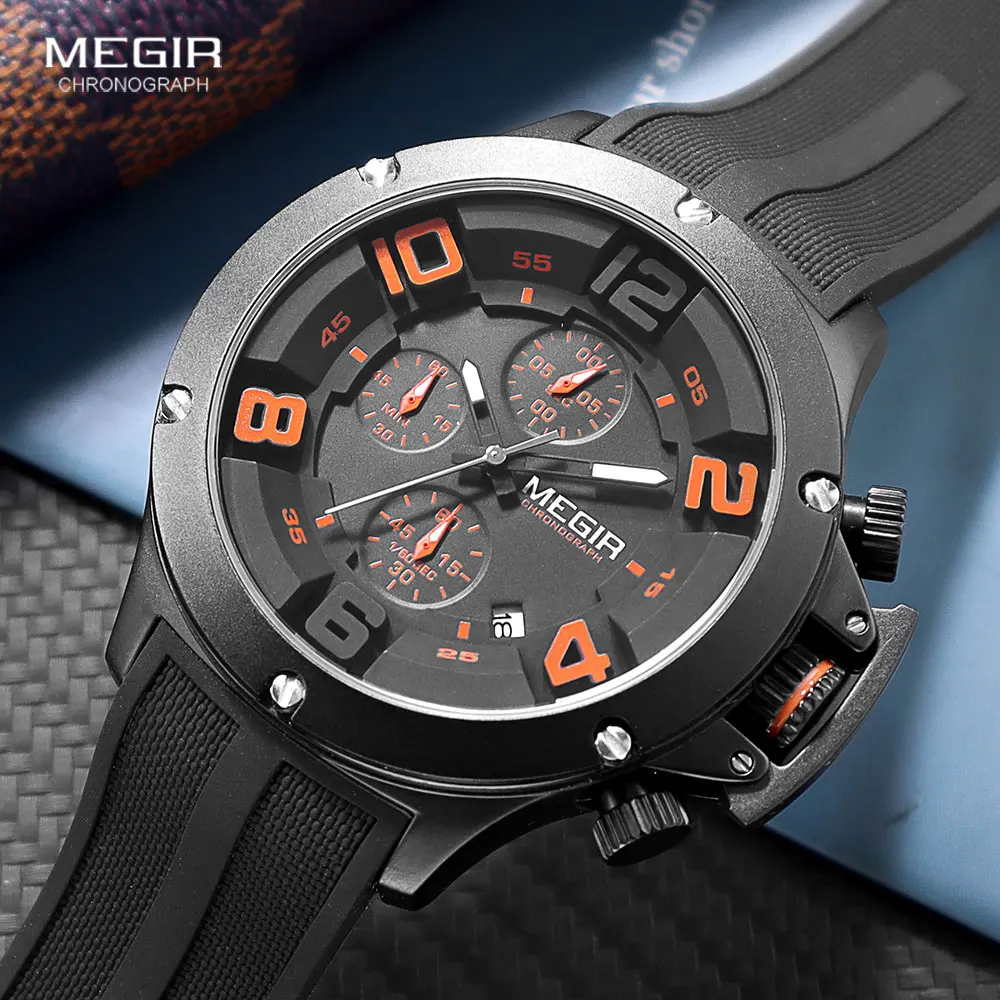 

MEGIR Military Sport Quartz Watch Men Fashion Waterproof Wristwatch with Silicone Strap Luminous Hands Date Chronograph Black