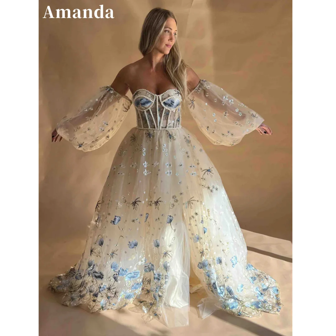 Amanda Princess Flower Lace A-line Wedding Dress Gorgeous Puffy Sleeve Side Split Robe De Mariée Sweetheart Vestidos De Novia