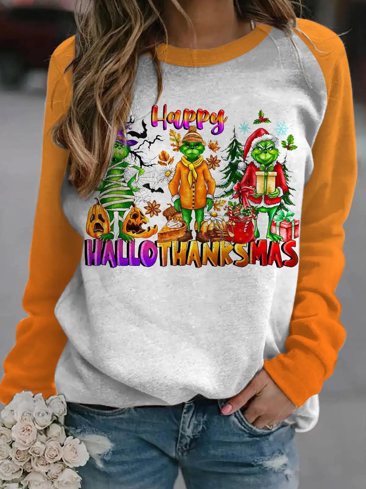 Halloween Women Sweatshirt Designer Round Neck Long Sleeve Loose Casual Fall Fashion Pumpkin Bat Kitten Fun Pattern Print Tops