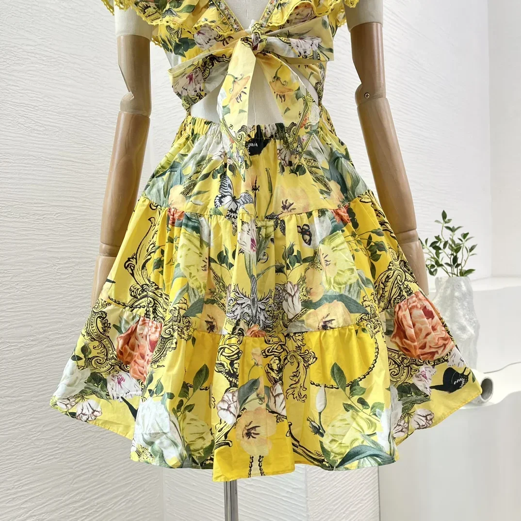 2025 New Yellow Floral Print Sleevless V Neck Diamonds Pressed Ruffles Cut Out Waist Women Mini Dresses for Holiday