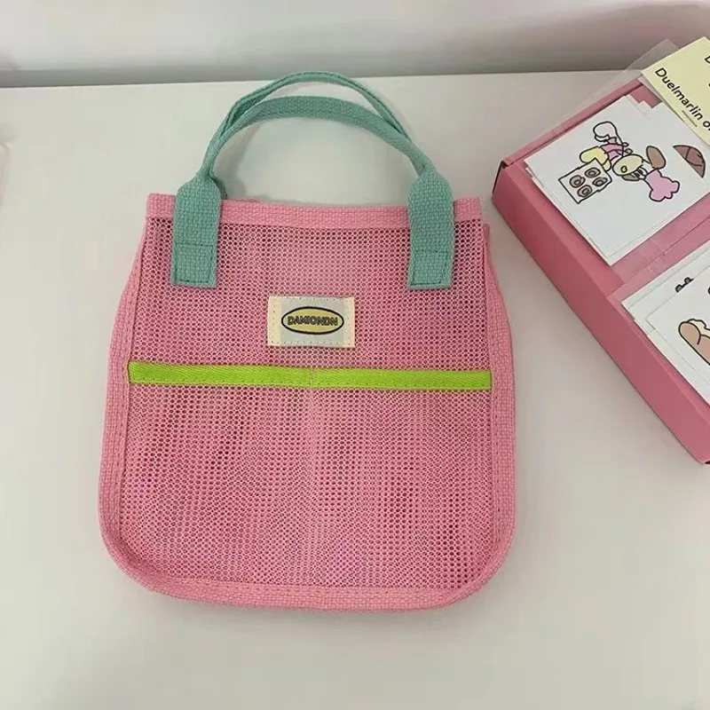 1pc INS Pink Green Contrast Beach Bag Children\'s Toy Mesh Portable Storage Bag Outdoor Travel Swimming Toiletry Storage Bag