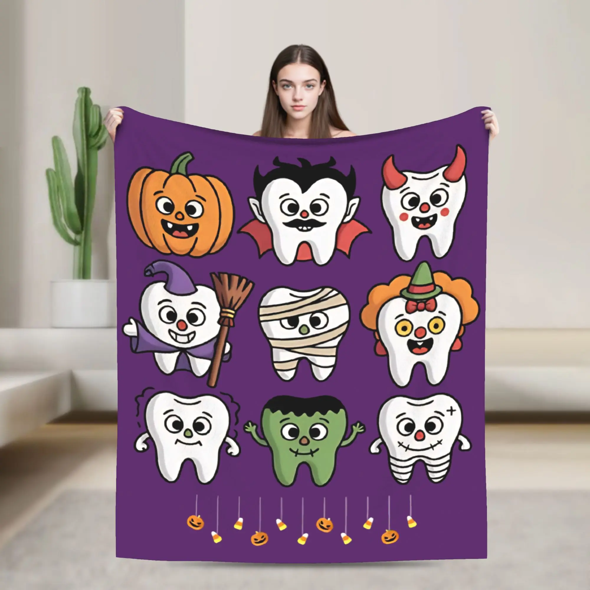 Blankets Velvet Cartoon Teeth Helloween  Multifunction Lightweight Thin Throw Blankets for Sofa Bedroom Plush Thin Quilt
