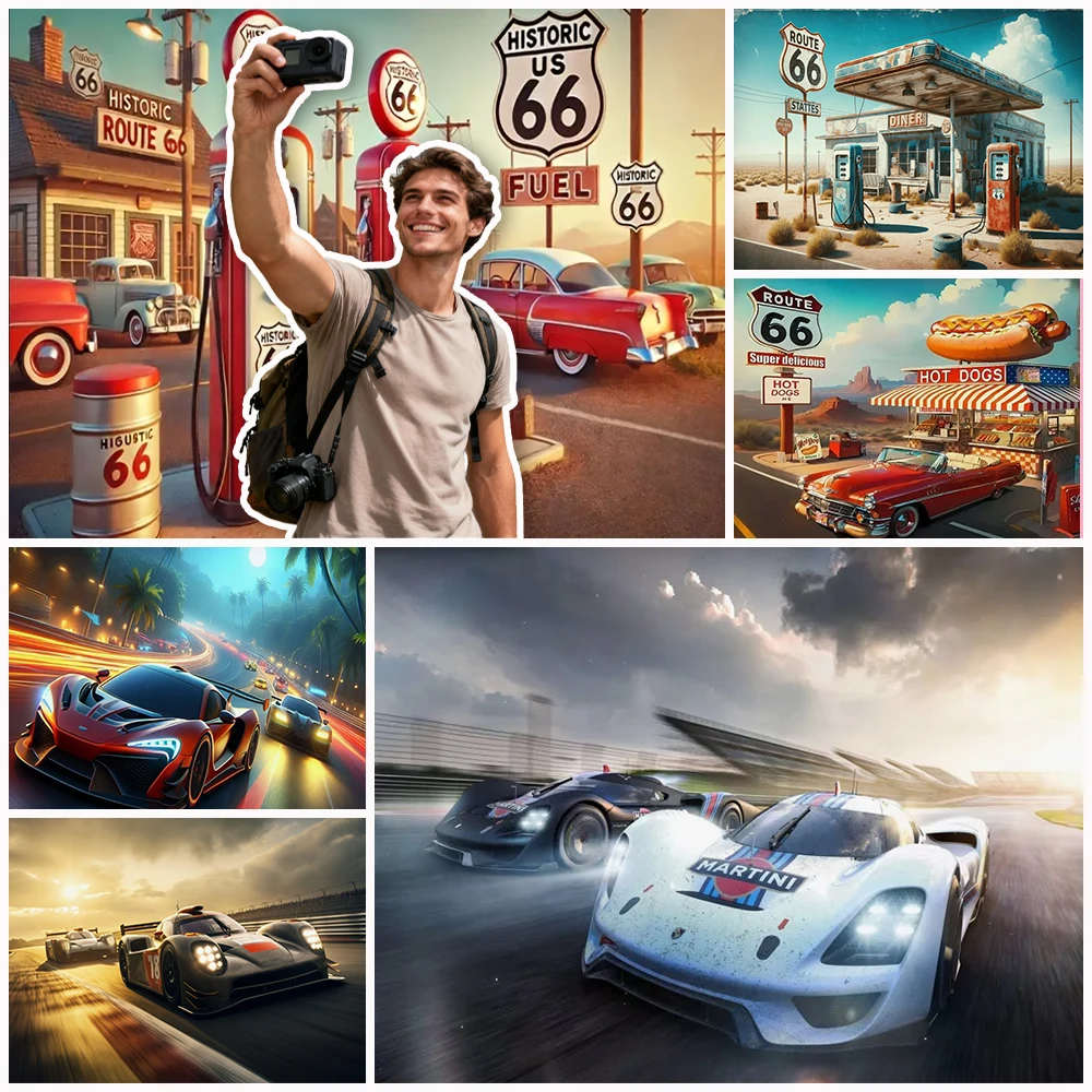 

Multi Functional Highway 66 Gas Station Background Banner Racing Retro Movie Romantic Party Backdrop Boy Photography Props Gift