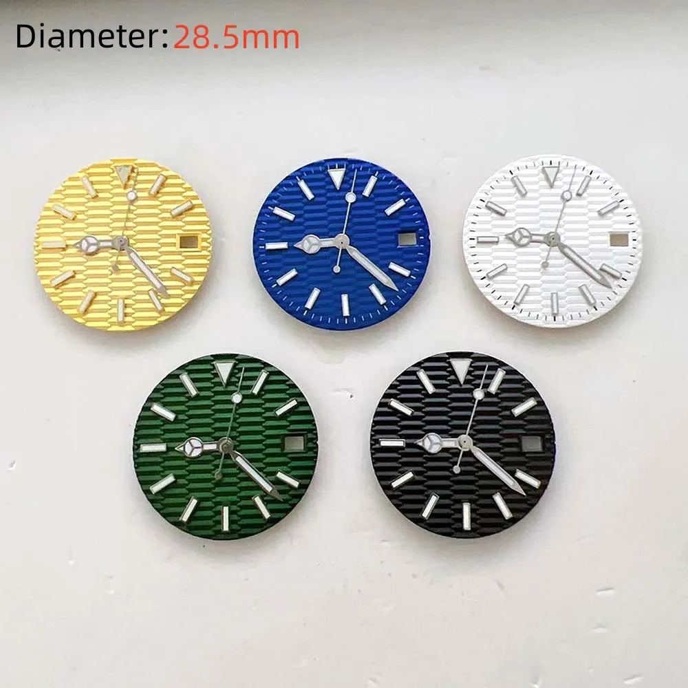 28.5MM Watch Dial+Watch Hands Set Silver Hands Blue Green Luminous for NH35 Movement Watch Accessories