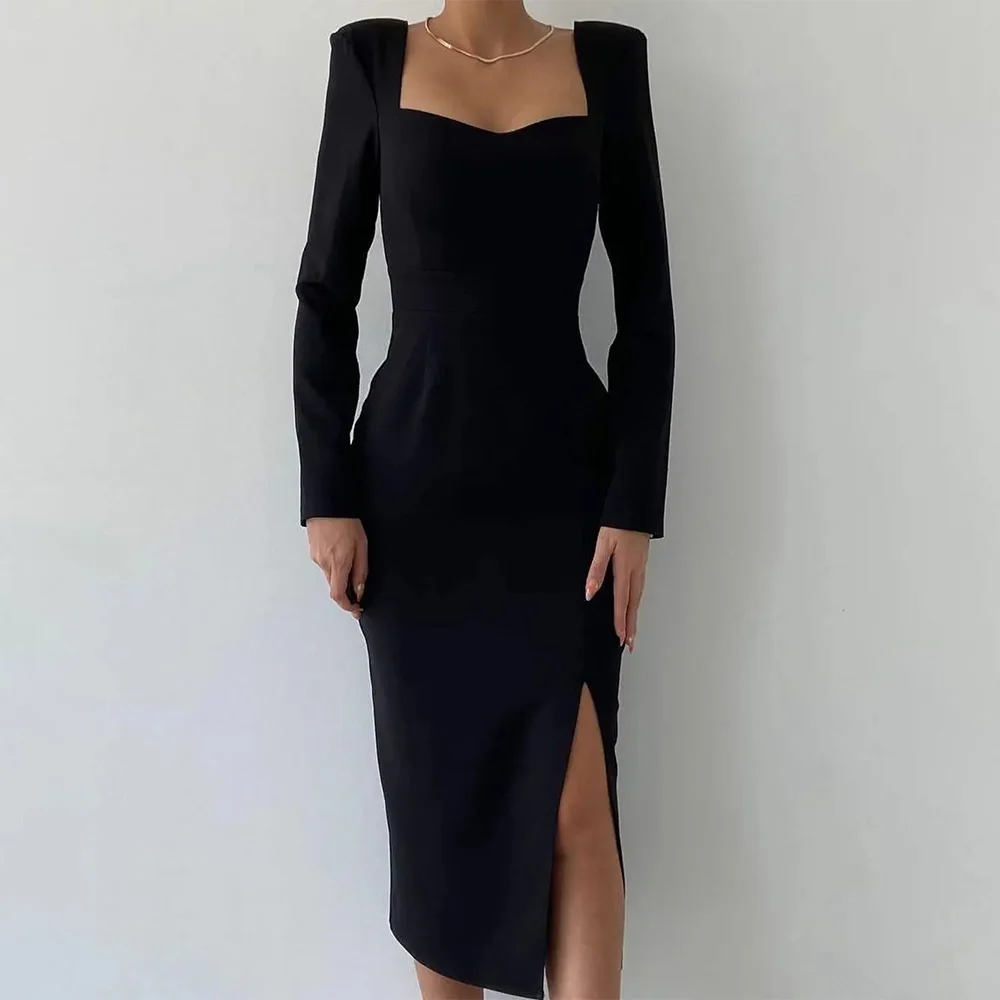 

Midi Party Dress Black Long Sleeves V Neck Side Split Column Party Gowns for Women 2024 Tea Length Sheath Simple Cocktail Dress