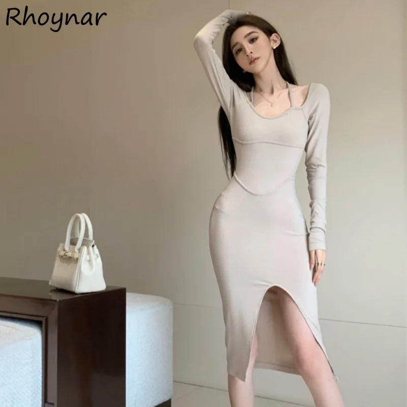 

Halter Long Sleeve Dresses Women Sexy Ladies Temperament Side-slit Lace-up Solid Simple Leisure Korean Fashion Stylish Slim Cozy