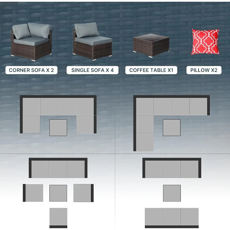 Outdoor Sectional Furniture Chair Set with Cushions and Glass Top Coffee Table, Wicker Sectional Sofa Set, Outdoor Furniture