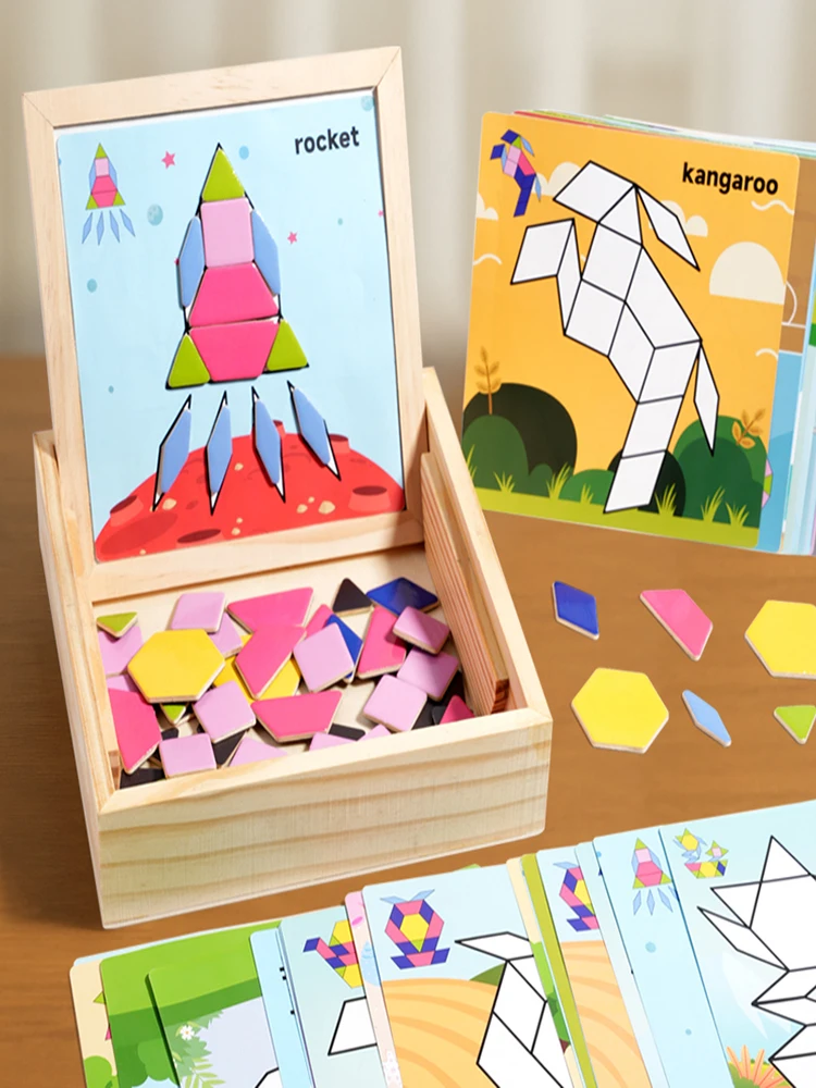 Holzkiste Blöcke Puzzle Denksportaufgaben Spielzeug Tangram Puzzle Intelligenz Bunte 3D-Blöcke Montessori Pädagogisch