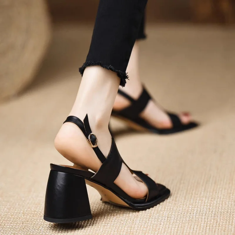 FHC 2024 New Women High Heels Sandals,Soft Summer Gladiator Shoes,Open Toe,Retro Style,Slip On,Black,Brown,35-39.Dropship