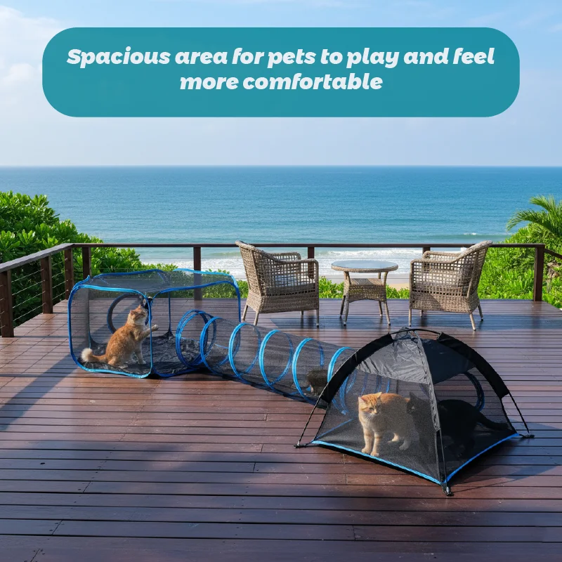 3-in-1 Tragbarer Netz-Tierkäfig Spielhaus Mehrfach-Tierkäfig mit Tunnel für Drinnen und Draußen Einfacher Aufbau für Katzen und Kleintiere – Detail 7