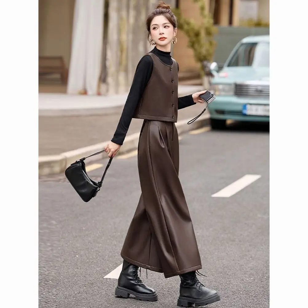 Commuting Style PU Leather Vest Wide Leg Pants Set For Women 2026 New Spring Autumn Fashion Leather Vest Jacket Two-piece Suit
