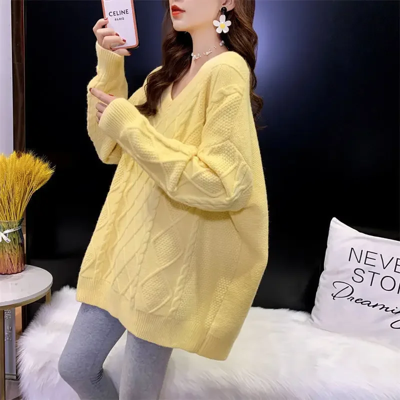 DAYIFUN V-neck Oversized Sweaters Women's Klein Blue Loose Lazy Knitted Pullovers Western Style Bottoming Jumpers Tops Female