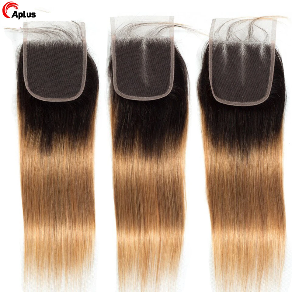 Mèches Indiennes Naturelles Remy Lisses avec Closure, Cheveux Humains Bruts, Blond Ombré 1b/27 99j