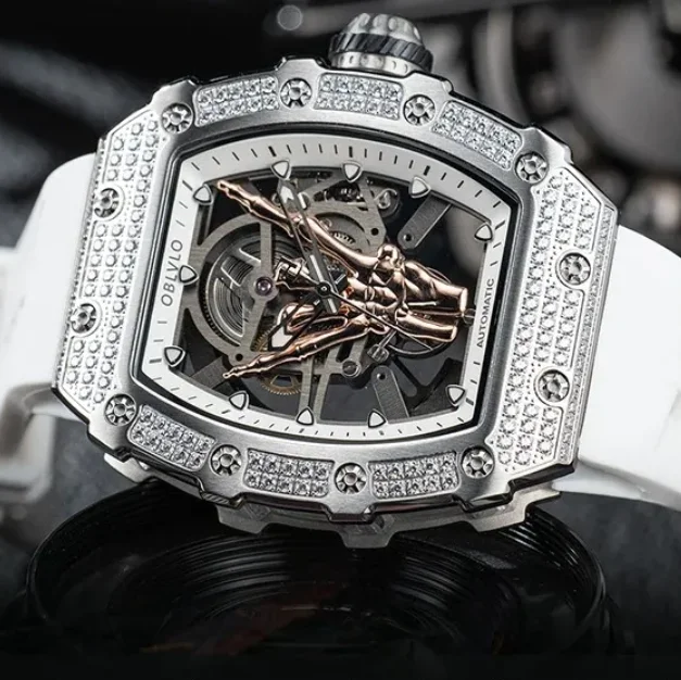 OBLVLO ساعة أوتوماتيكية للرجال 44 مللي متر Tonneau ساعة يد ميكانيكية هيكل عظمي إصبع الهاتفي الياقوت 50 متر مقاوم للماء مضيئة