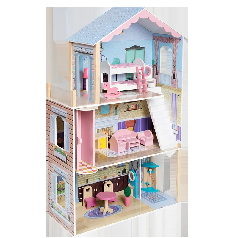 

Pink Princess Wooden Dollhouse Children's Interactive Play House Toys with Baby Simulation Villa Functions Parent-child Games