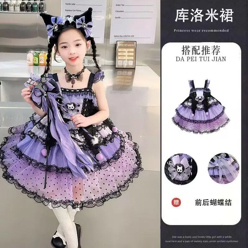 

Sanrios Kuromi Girls New Summer Kawaii Puffy Dress Princess Sweet Cute Clothes Fashion Versatile Loose Comfortable Birthday Gift