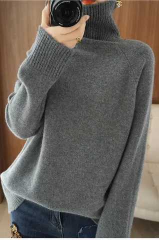 New 100% Cashmere Sweater in Autumn and Winter, Women's Thick Turtleneck Pullover, Korean Version of Loose Lazy Wind Wool Bottom