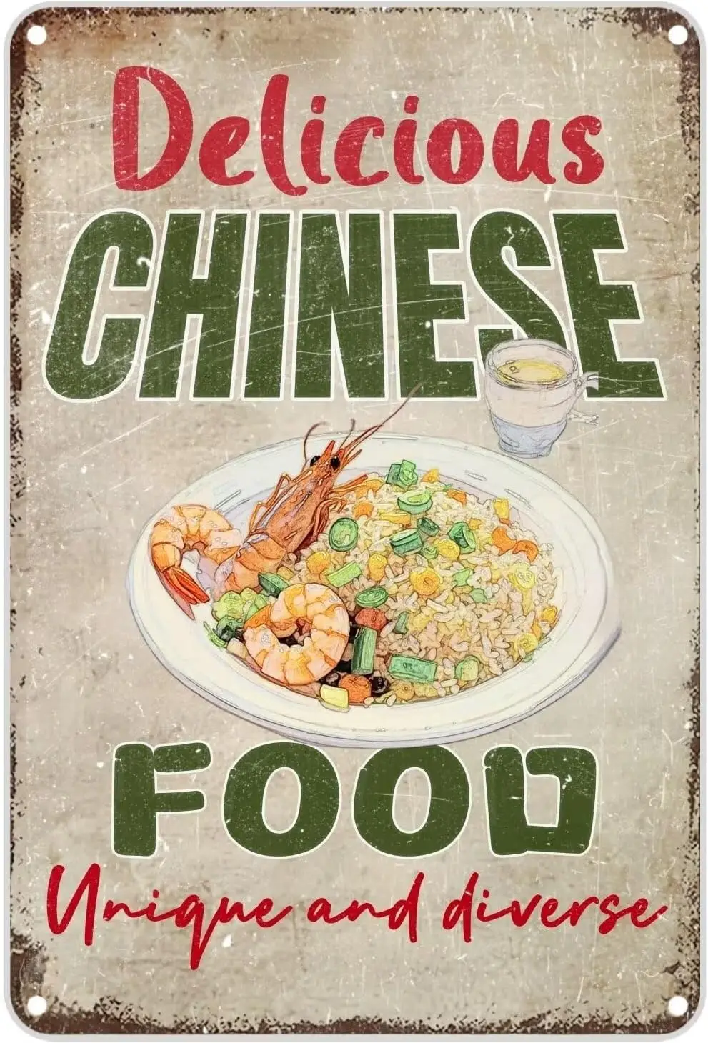 Vintage Metal Sign Aluminum Sign 8x12 inch DELICIOUS CHINESE FOOD UNIQUE AND DIVERSE Shrimp Fried Rice Tin Sign Retro Wall Decor