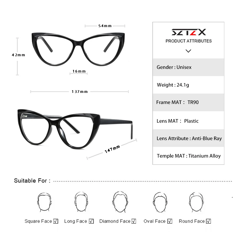 SZTZX Fashion Cat Eye Photochromic Reading Glasses For Women Anti Blue Light Myopia Glasses Prescription Optical Eyeglasses