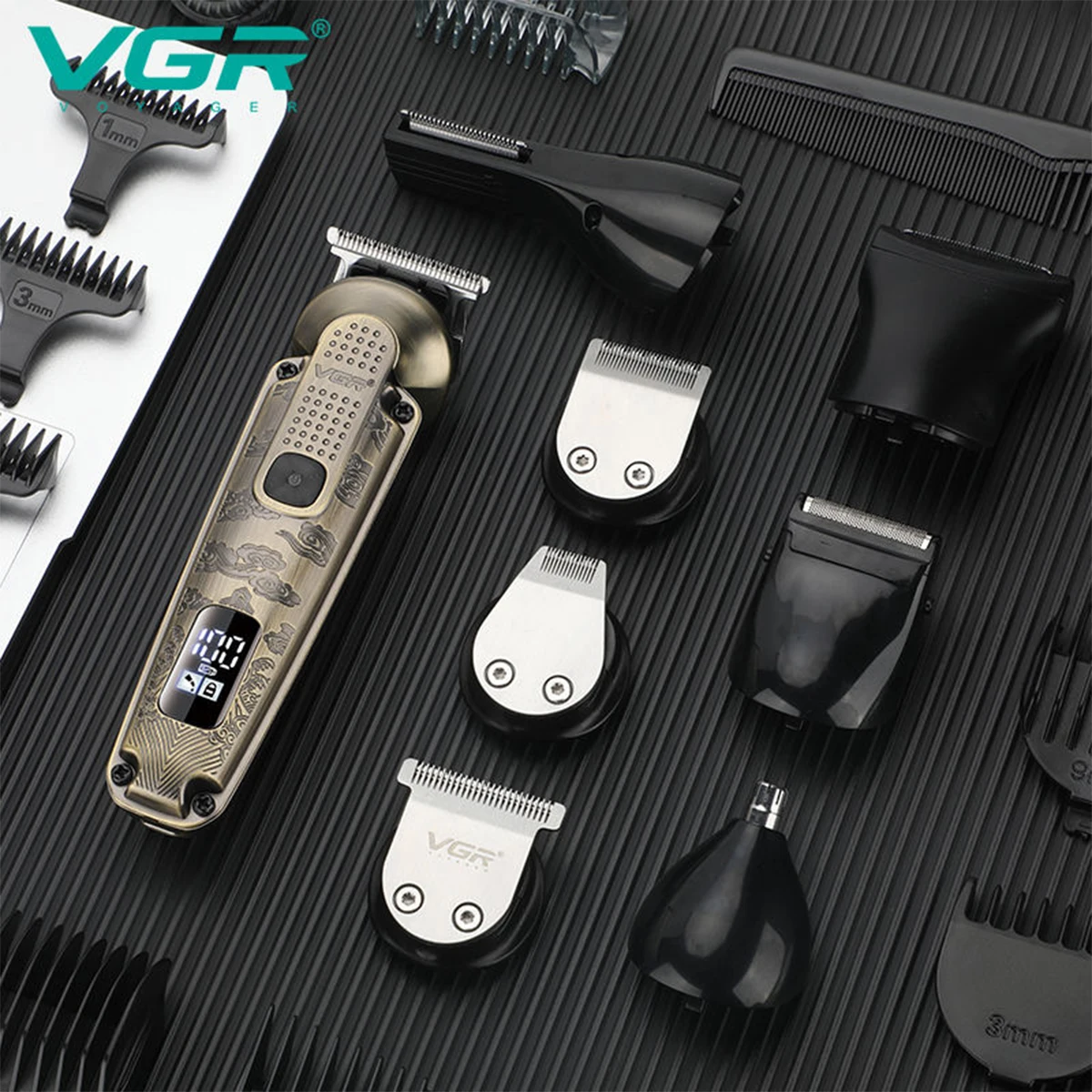 VGR 8-in-1 metal hair clipper multifunctional intelligent LED digital hair trimmer men's nose hair and armpit hair shaver V-103