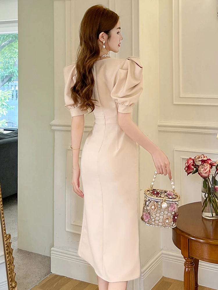 2023 New Korean Elegant Commuter Style Midi Dresses Women Double Breasted High Waist Dress Office Lady Robe Party Vestidos Mujer