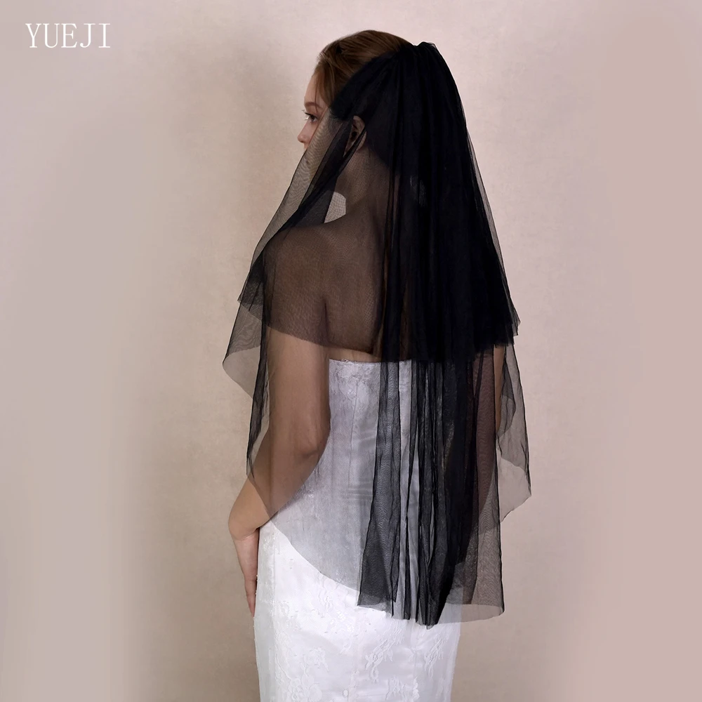 YUEJI คุณภาพสูงสีดําเส้นด้ายงานแต่งงาน Veil Double Layer สั้นปลายนิ้วความยาว Veils สําหรับ Bachelorette Party YJ215