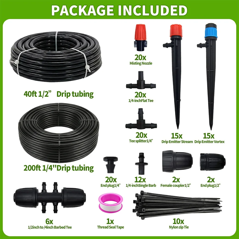 1/2 inch Hose 1/4 inch Distribution Tubing and Accessories 240FT Drip Irrigation System,Automatic Drip Irrigation Kit