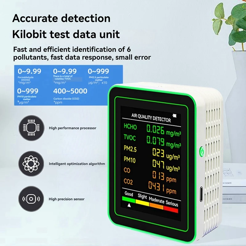 3CGRO-Air Quality Detector 6 In 1 Detector HCHO TVOC CO2 CO PM10 PM2.5 Meter Gases Detecting Intelligent