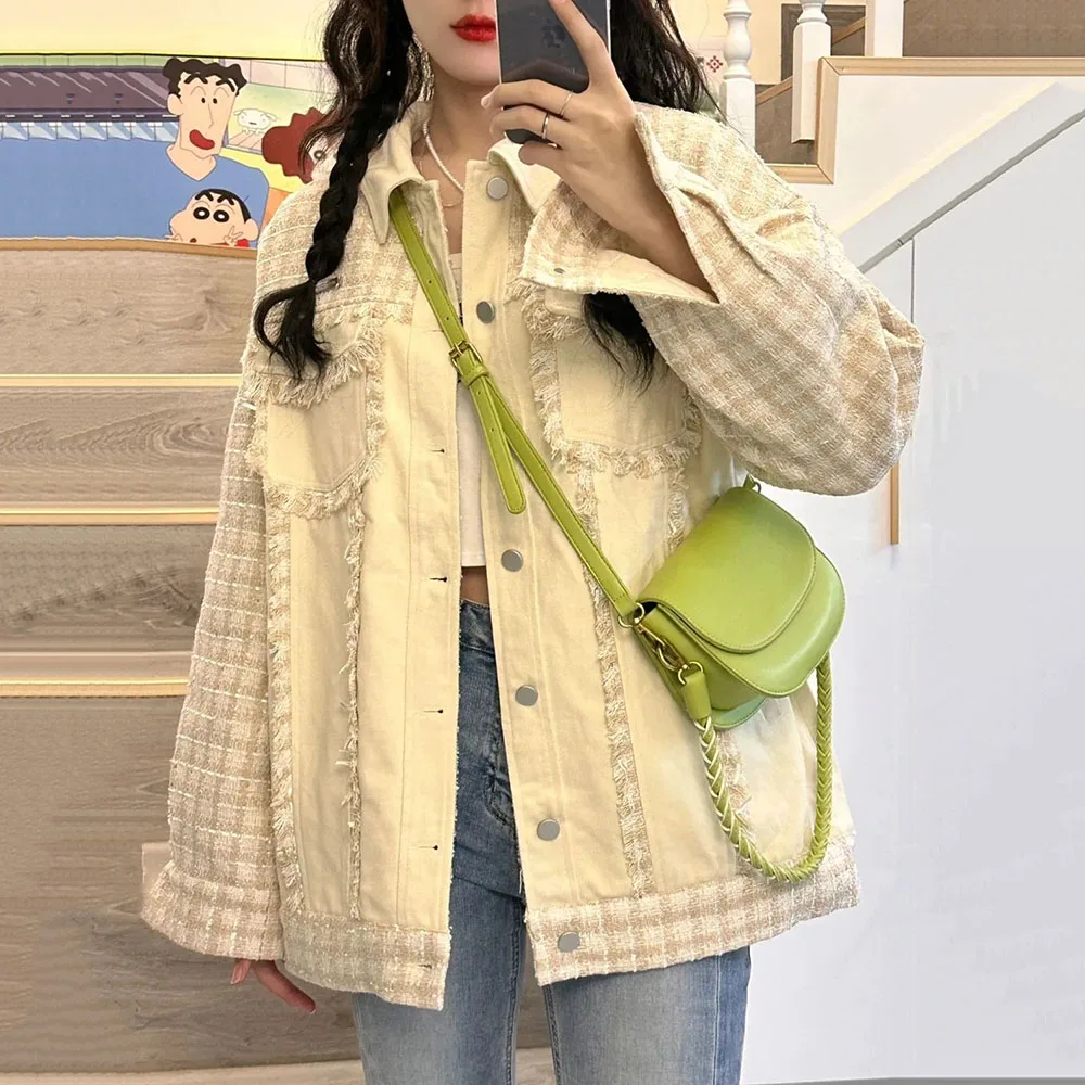 Women's Jacket Large Size Coat Spring Autumn New Buttons Female Loose Retro Splicing Fringe Tops Turndown Collar Single-breasted