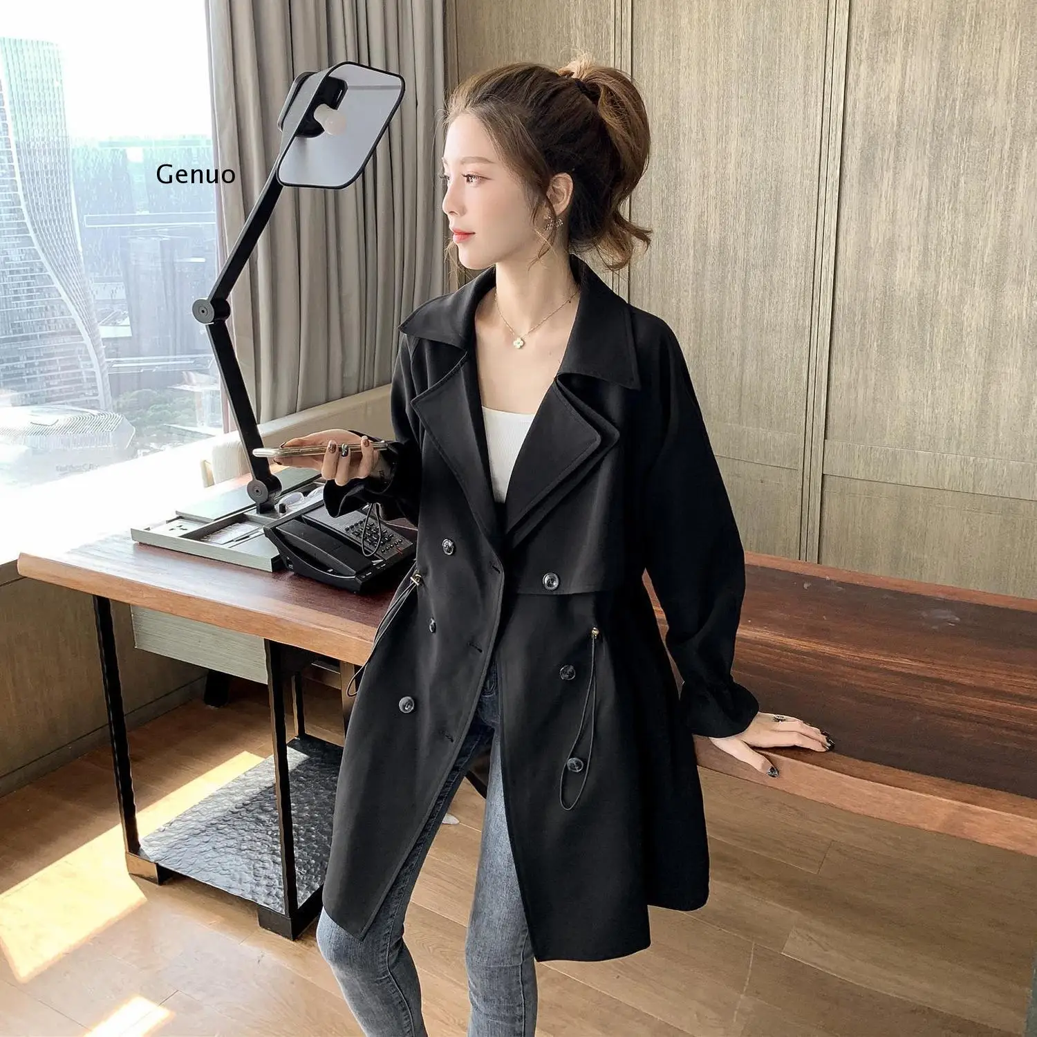 2022 New Women Trench Coats Spring Autumn Lapel Double Breasted Drawstring Light Weight Casual Midi Long Ladies Windbreak Coats