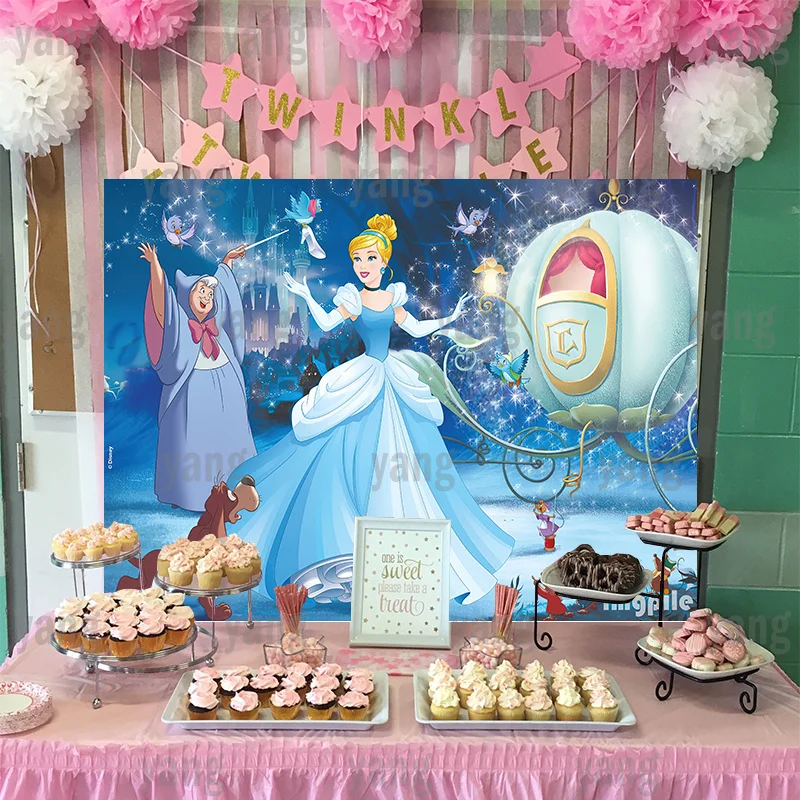 Free Customize Magic Disney Custom Cinderella White Pumpkin Wagon Blue Background Princess Girl Baby Birthday Party Backdrop