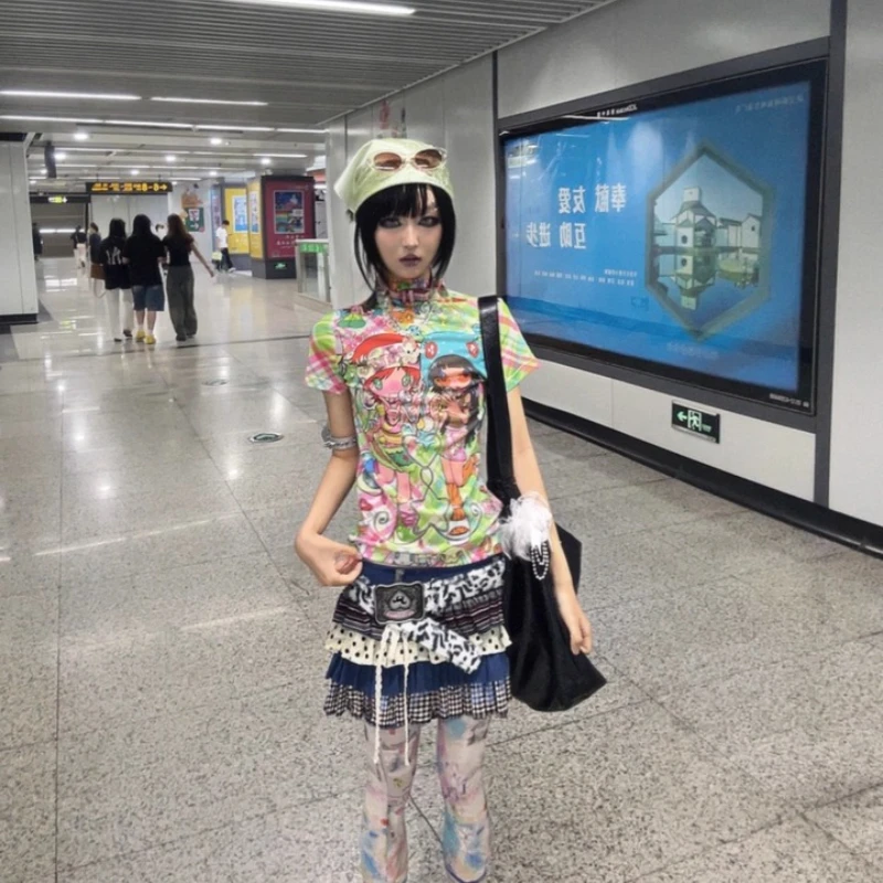 オリジナルデザイン ブルー パッチワーク 水玉模様 レディース プリーツスカート ニューヴィンテージ 可愛い ミニ丈 ケーキ風 ショートスカート