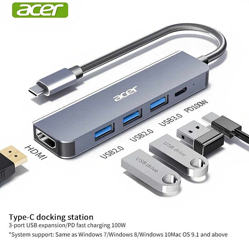 Acer Type-C Docking Station, USB-C to HDMI Adapter, 3.0 Splitter, PD Charger Docking Station 5-in-1, HY41-T5 (Basic Version)
