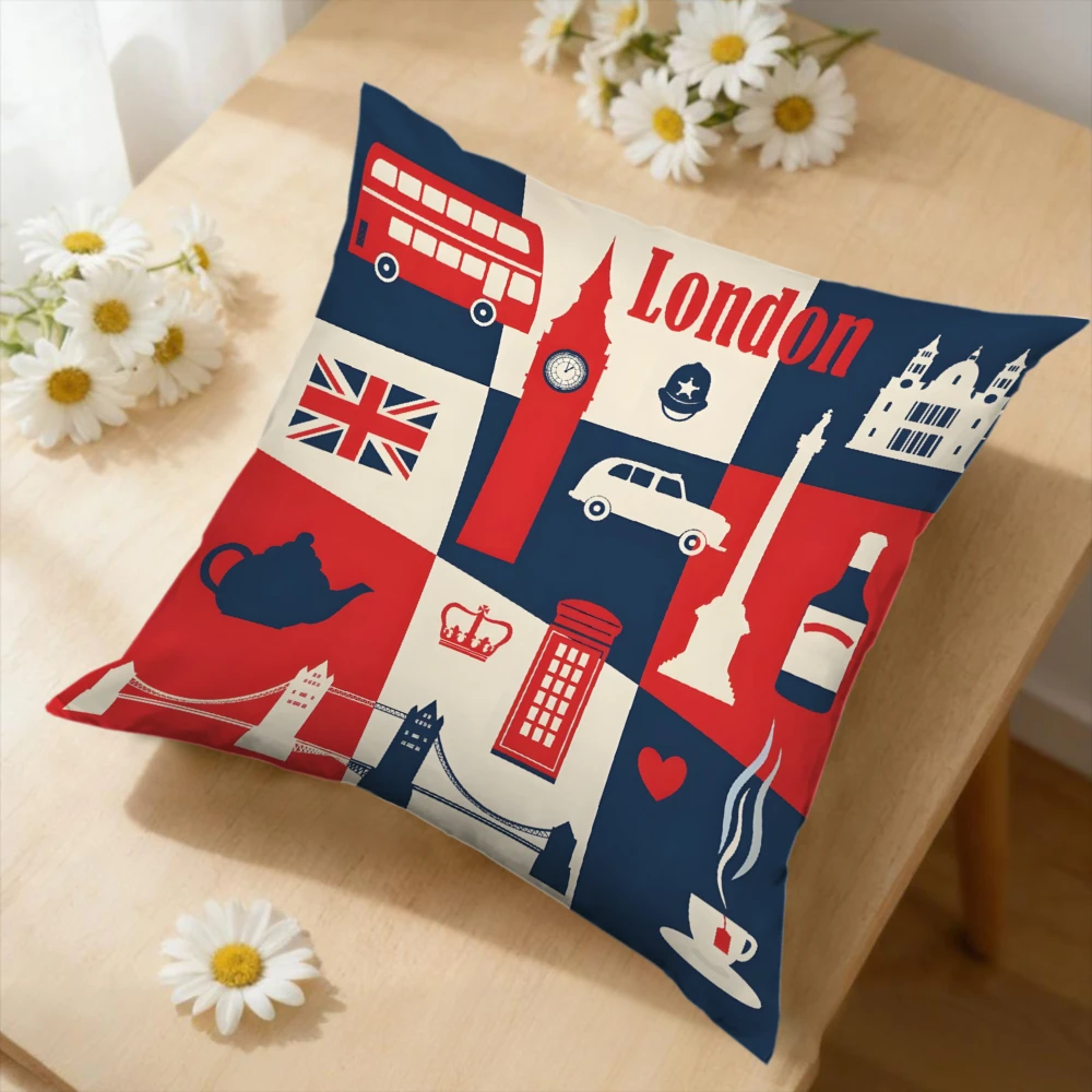 1pc London Landmarks Cushion Cover Red White Blue British Icons Pillowcase For Sofa Bedroom Decorative Throw Case Home Decor