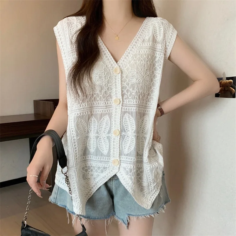 French Hooked Neck Vest Top Women's Summer New plus Size Fat Outerwear Open Cardigan Sleeveless Shirt A-Line Style Basic Model