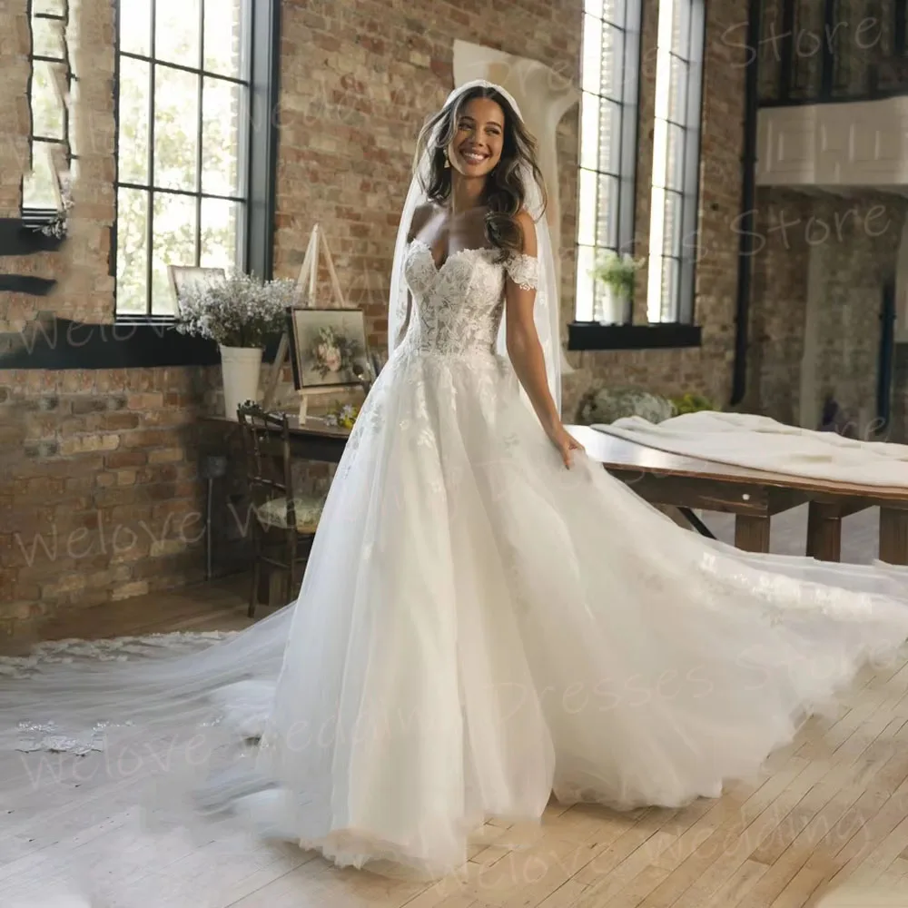فساتين زفاف أنيقة على شكل حرف A للنساء مزينة بالدانتيل رداء De Mariée مخصصة قبالة الكتف فساتين العروس Vestido De Novia #3