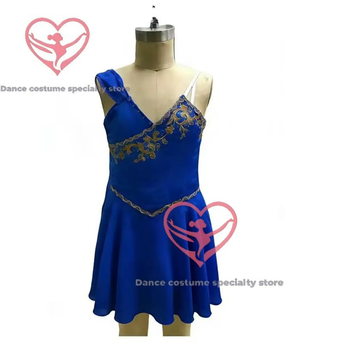 

Elegant Royal Blue Satin Dance Costume – Gold Floral Embroidered Kids Lyrical Dress