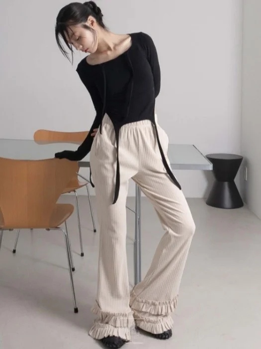 Primavera 2025 Dongda Gate Pantaloni a campana slim fit da donna Pantaloni lunghi in pizzo floreale micro svasato elastico in puro colore