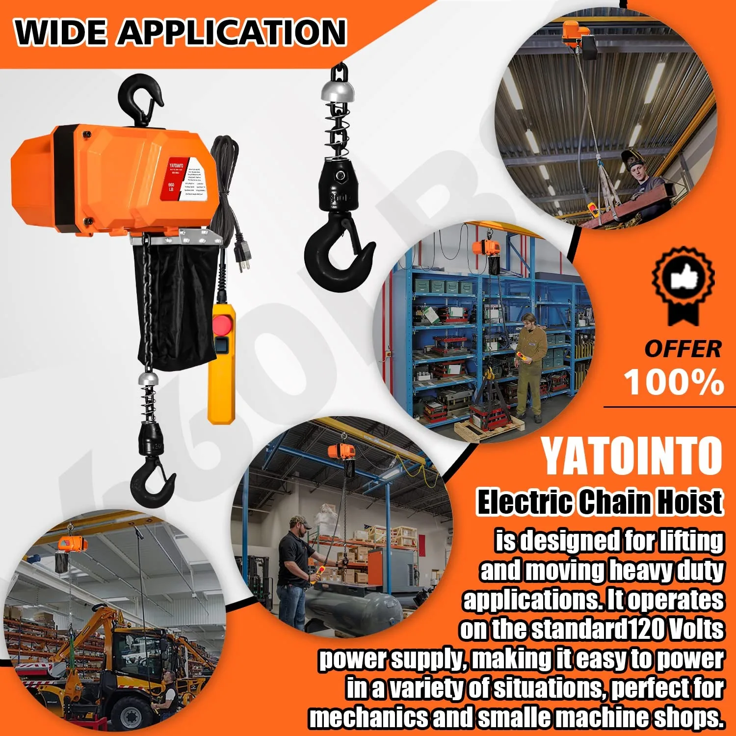 660LBS Electric Chain Hoist, 120V Winch with 5ft Wired Remote Control, Single Phase Overhead Crane Garage Ceiling Pulley Winch