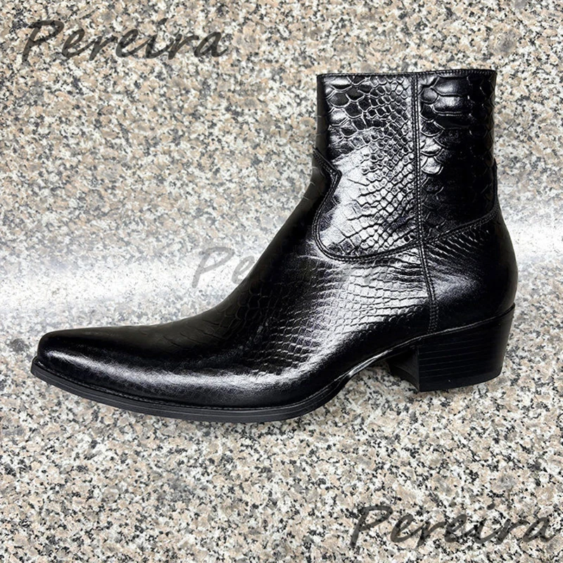 Men's Genuine Leather Chelsea Boots British Style Snake Pattern Embossed Pointy Toe Thick Heel Boots Party Banquet Dress Shoes