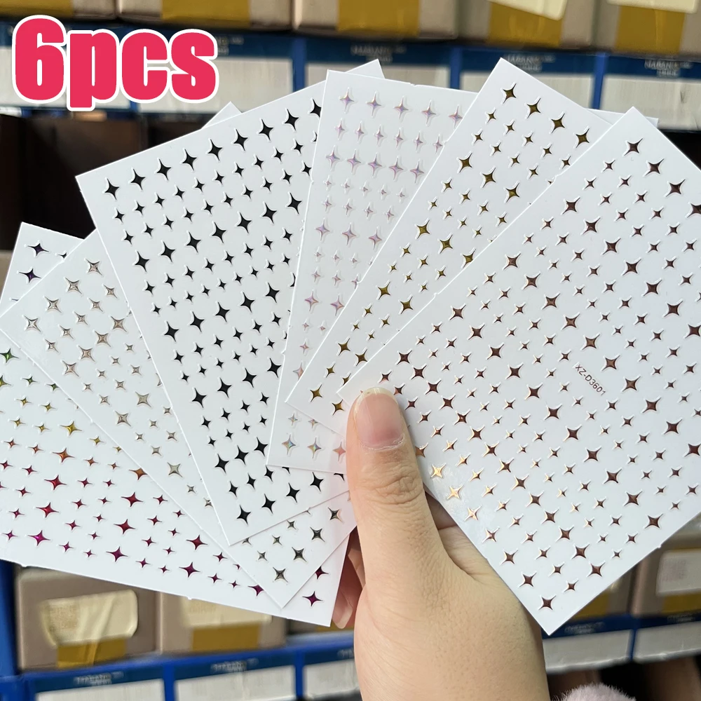 6Sheets Gold Silver Star Laser Nail Art Stickers Set 3D Bronzing Laser White Cross Starlight Y2K Nail Decals  Manicure Decor *&#