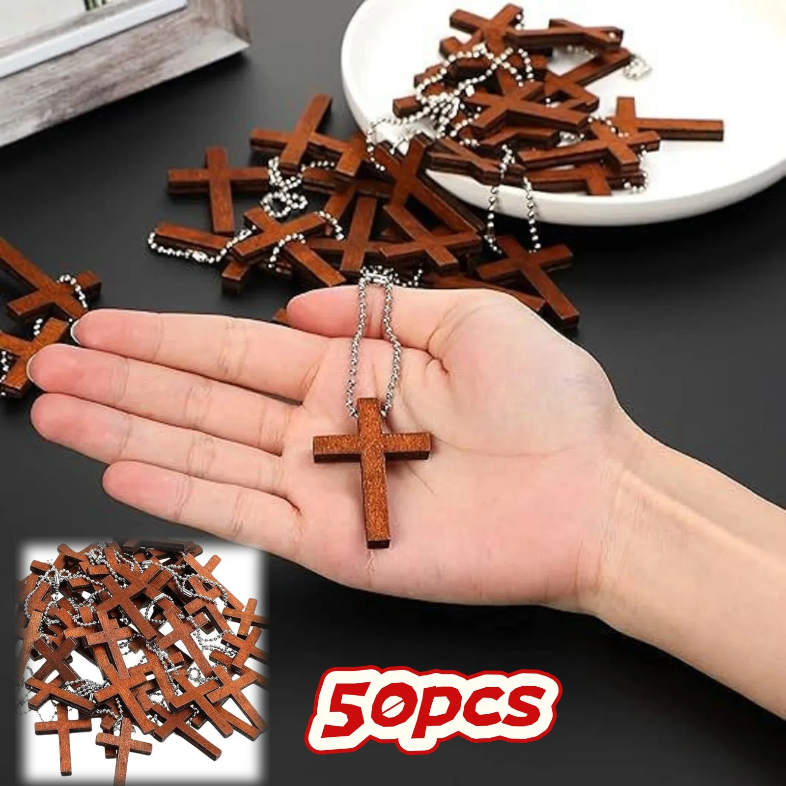 Mini Wooden Cross Pendants, Christian Cross Ornaments, Easter Cross Gift, Easter Decoration Set (50 Crosses + 50 Beaded Chains)