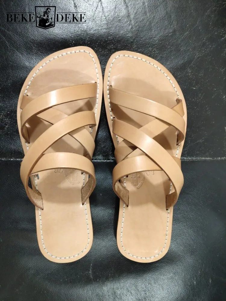 Handmade Genuine Leather Mens Slippers Outside Summer Harajuku Casual Shoes Solid Color Cowhide Open Toe Flat Gladiator Slides