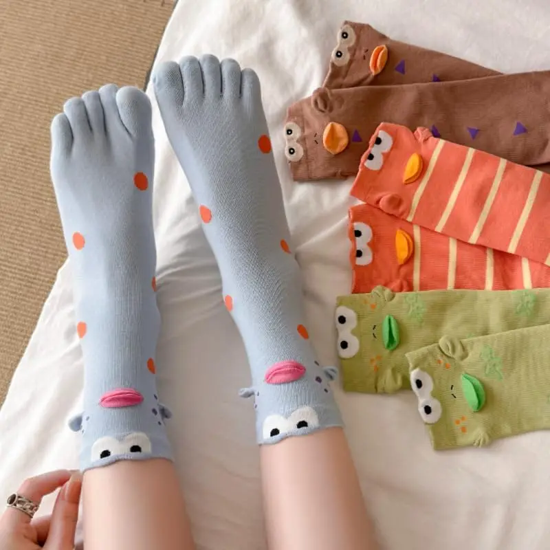 Damen-Fünf-Finger-Socken, rutschfeste Silikonsocken, Cartoon-Motiv, für Pilates, Yoga, Sport, Tanz, Fitnessstudio, atmungsaktiv, bequem, aus Baumwolle, bunte Socken.