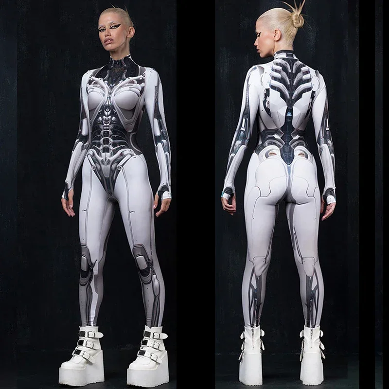 Zentai Robot Gothic Cyberpunk Cosplay Jumpsuit Adult Women Sexy Slim Skeleton Uniform Catsuit Bodysuit Halloween Party Costume