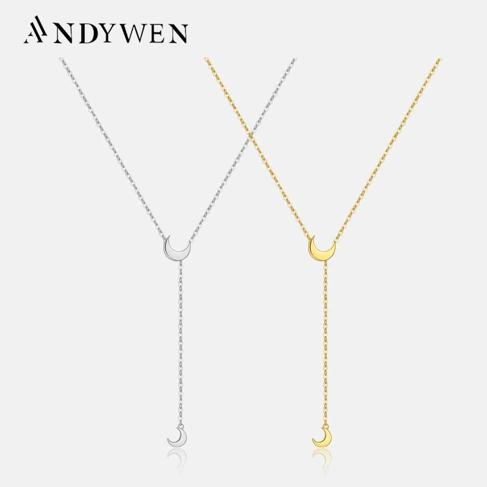 ANDYWEN 925 Sterling Silver Gold Moon Pendant Adjustable Chain Slide Necklace Choker 2024 Women Luxury Fine Jewelry