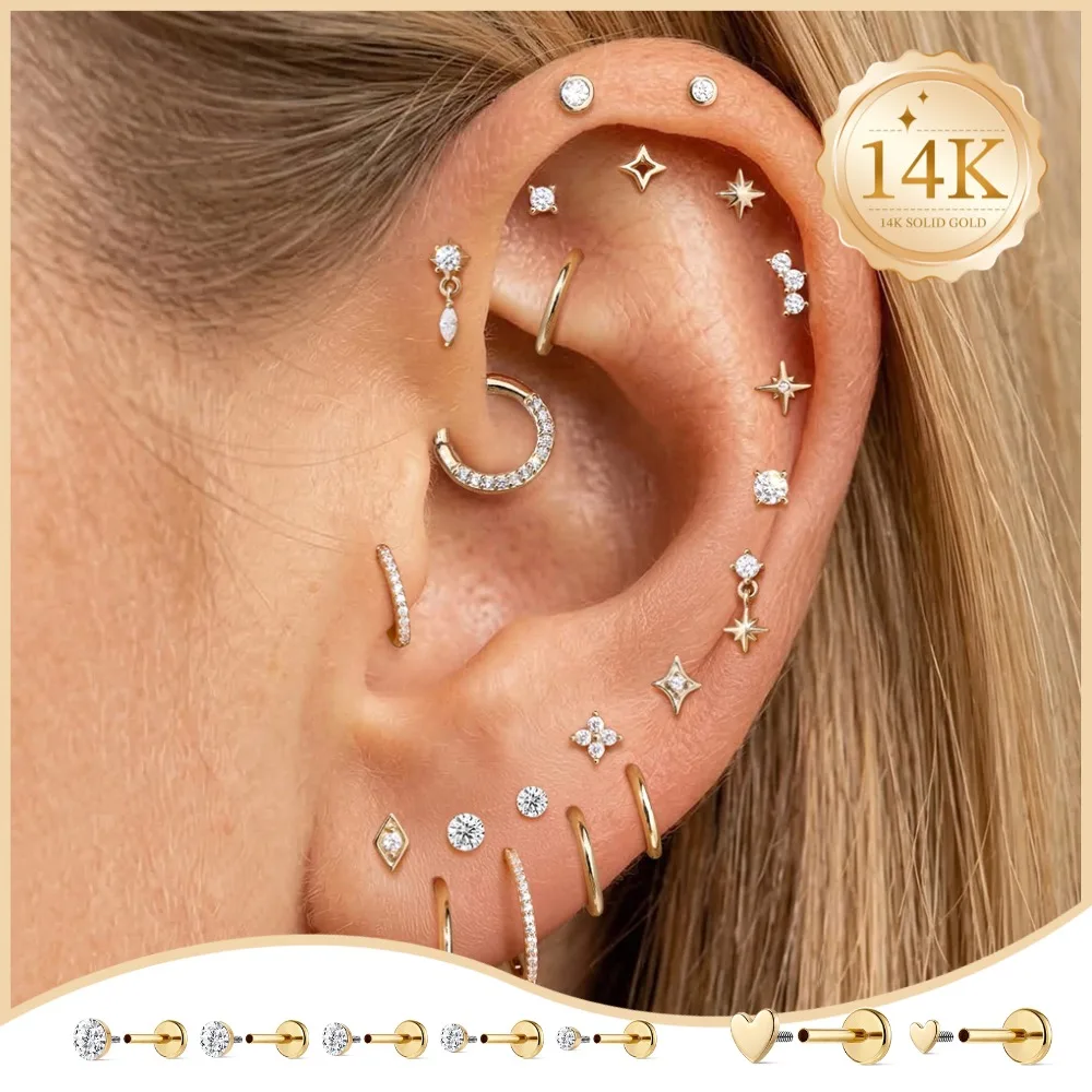 AIDE Women 14K Solid Gold Flat Back Earrings Star/Round hypoallergenic Stud Earrings Gold for Piercing Cartilage Hoop Earring