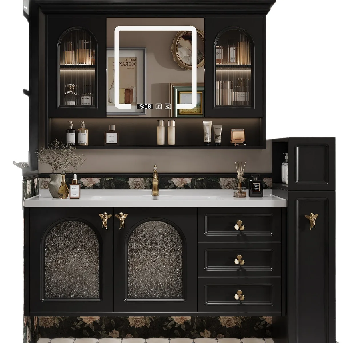 French retro bathroom half wall rubber wood bathroom cabinet combination side pull basket storage ceramic integrated washstand